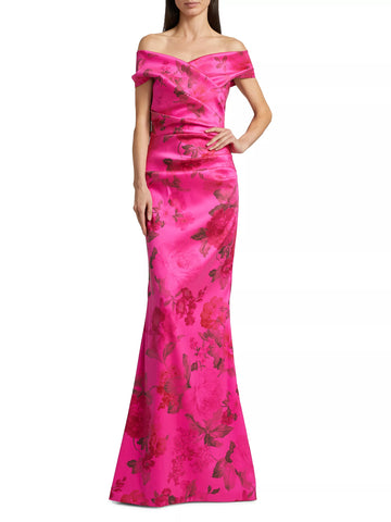 Teri Jon Stretch Printed Gazar Draped Off Shoulder- Pink Floral