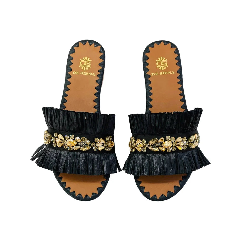 De Siena Raffia Semira Slide Sandal- Black