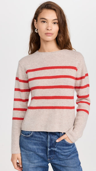 White+Warren Cashmere Striped Roll Trim Crew- Sandwisp/Scarlet