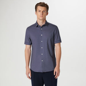 Bugatchi S/S Button Front Shirt- Navy W/White Dot