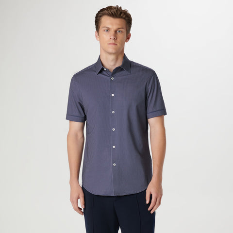 Bugatchi S/S Button Front Shirt- Navy W/White Dot