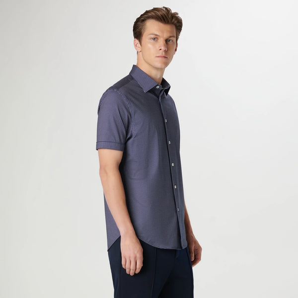 Bugatchi S/S Button Front Shirt- Navy W/White Dot