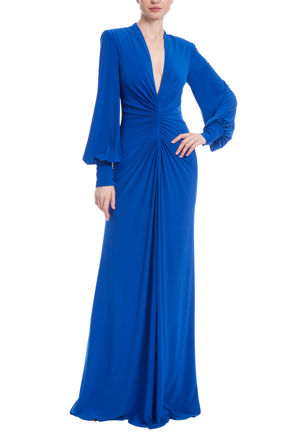 Badgley Mischka Balloon Slv V Neck Gown- Cobalt