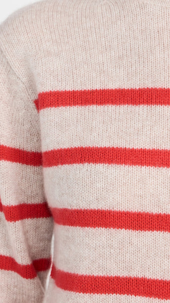 White+Warren Cashmere Striped Roll Trim Crew- Sandwisp/Scarlet