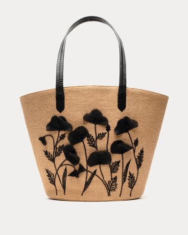 Frances Valentine Jute Tote W/Flower Embroidery- Nat/Blk