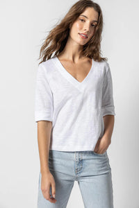 Lilla P Cuffed Elbow Slv V Neck Tee-White